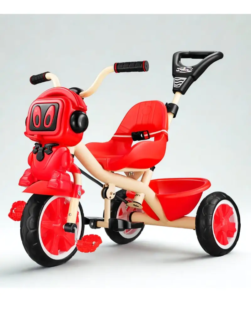 Defender kids tricycle with parent push handle safety seat and rear basket