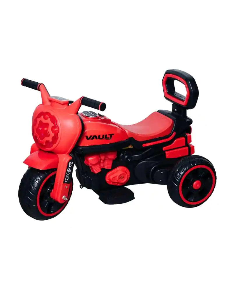 Vault EV battery operated electric ride-on bike for kids with backrest and three wheels in red color