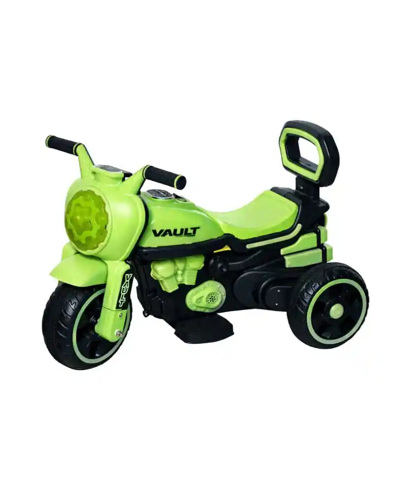 Vault EV battery operated electric ride-on bike for kids in apple green color with backrest and three wheels