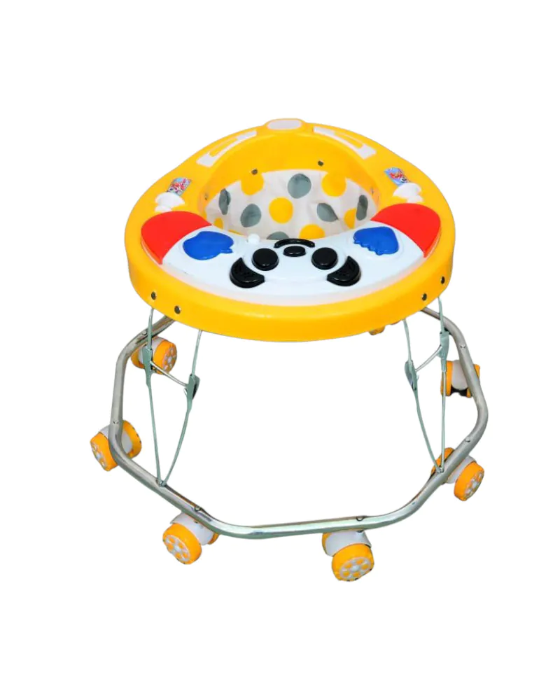 Panda 8 Bend Nickel Walker – a sturdy baby walker featuring a panda-themed activity tray, eight bendable wheel supports for smooth movement, and a wide, stable base designed for early walkers.