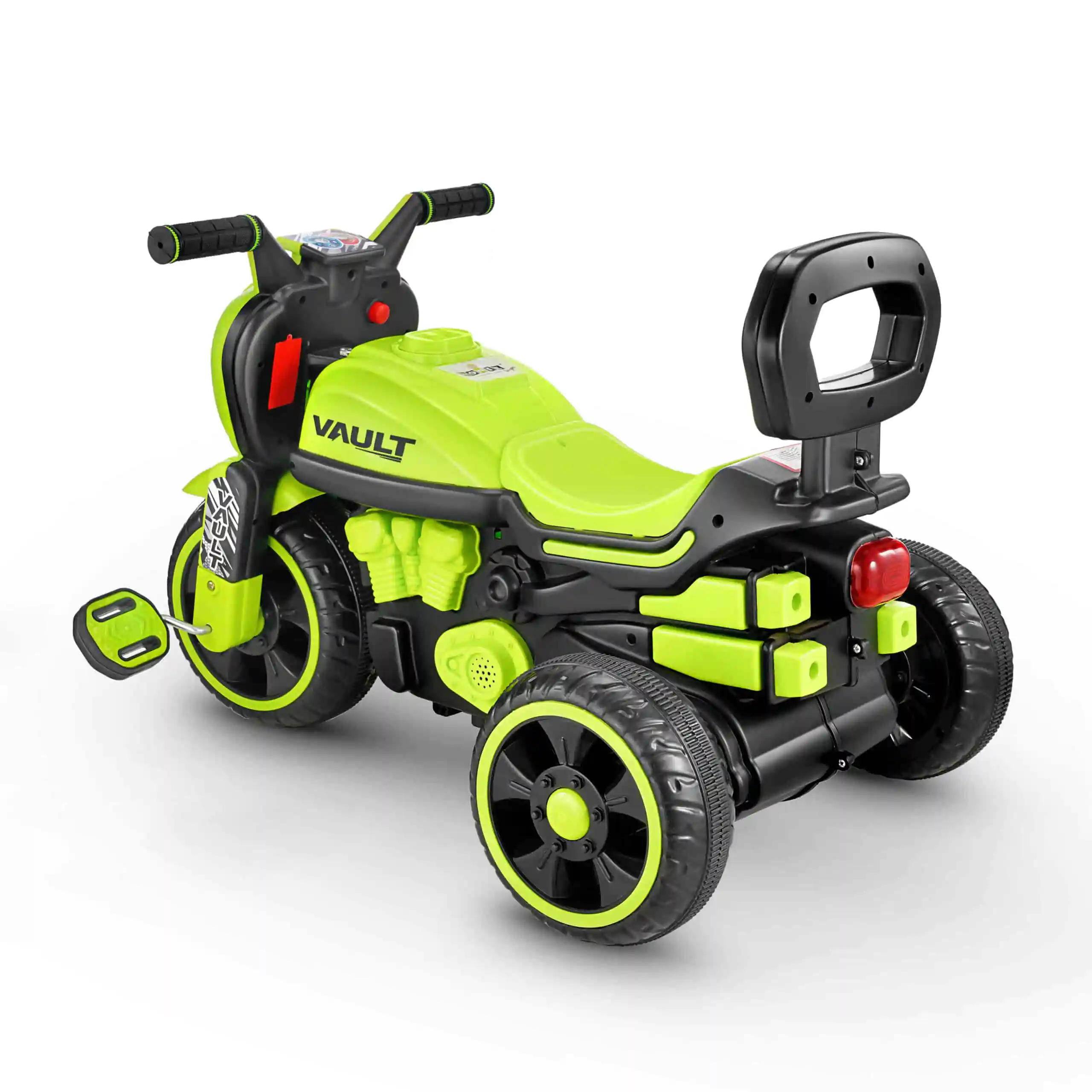 Vault green and black kids ride-on tricycle by Penguin Toyz sturdy pedal bike for toddlers with backrest and stylish design by Nonie Berzer