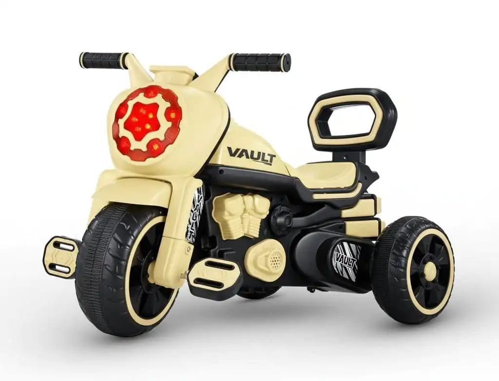 Vault kids ride on tricycle bike in cream color with three wheels comfortable seat and sturdy plastic body
