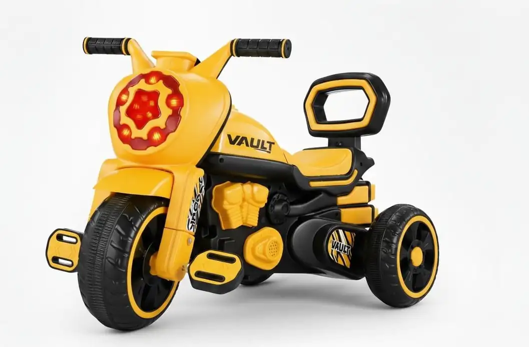 Vault kids ride on tricycle bike in yellow and black color with three wheels pedals and backrest