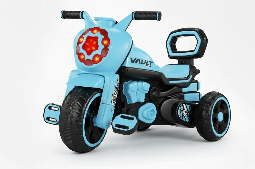 Vault kids ride on tricycle bike in sky blue and black color with three wheels pedals and backrest
