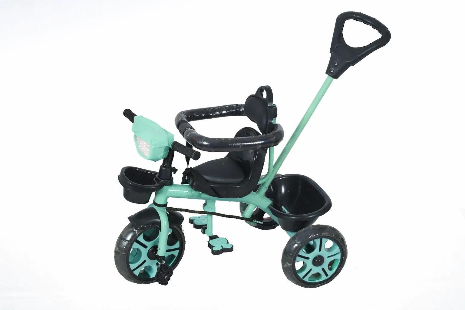 Rover baby tricycle with push handle safety guard and storage basket